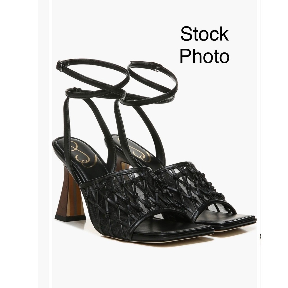Sam Edelman Candice Black Mesh Knotted Ankle Strap Flared Heel Sandals 7 NWT